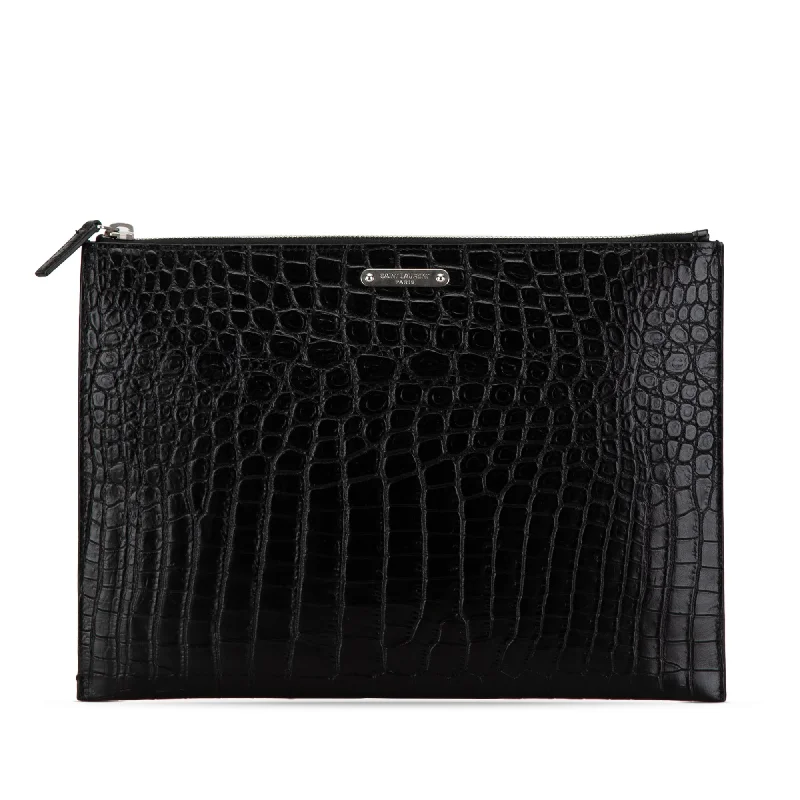 Black Saint Laurent Croc Embossed Leather Clutch