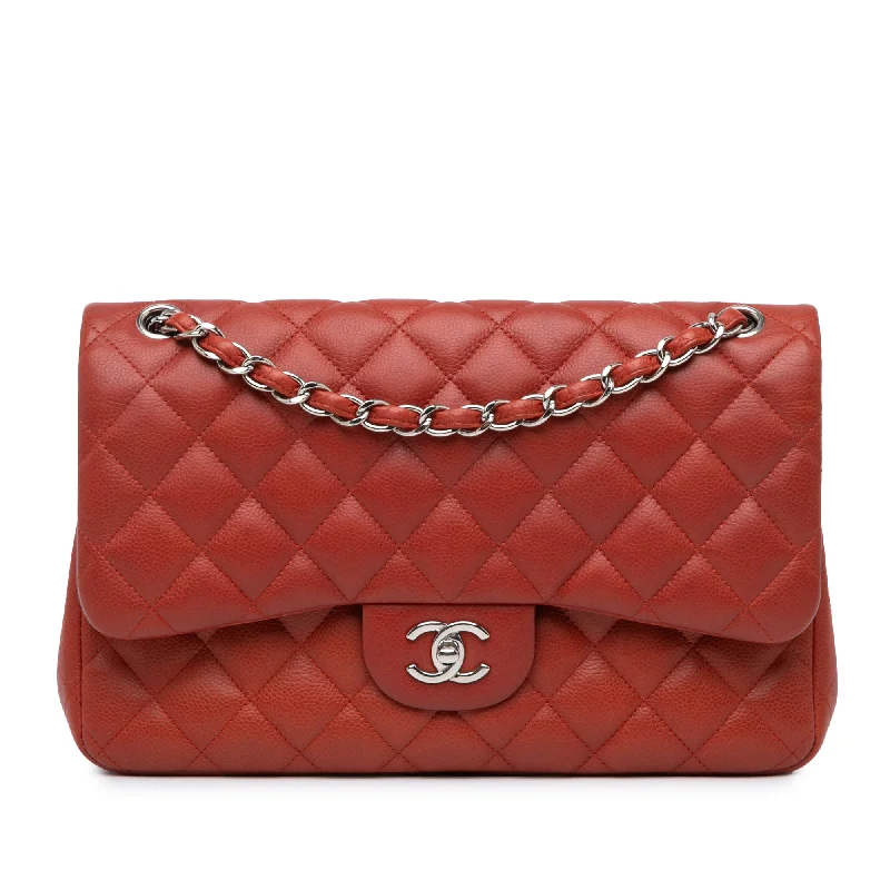 Orange Chanel Jumbo Classic Caviar Double Flap Shoulder Bag