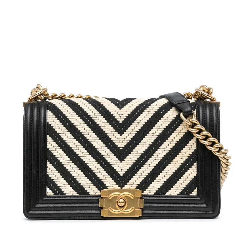 Black Chanel Medium Braided Chevron Cotton and Lambskin Boy Flap Crossbody Bag