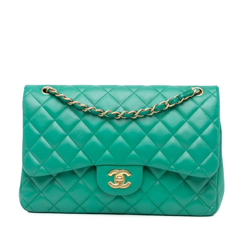 Green Chanel Jumbo Classic Lambskin Double Flap Shoulder Bag