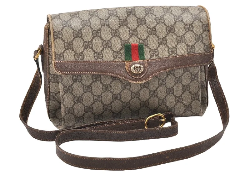 Authentic GUCCI Web Sherry Line Shoulder Cross Bag GG PVC Leather Brown 5738K