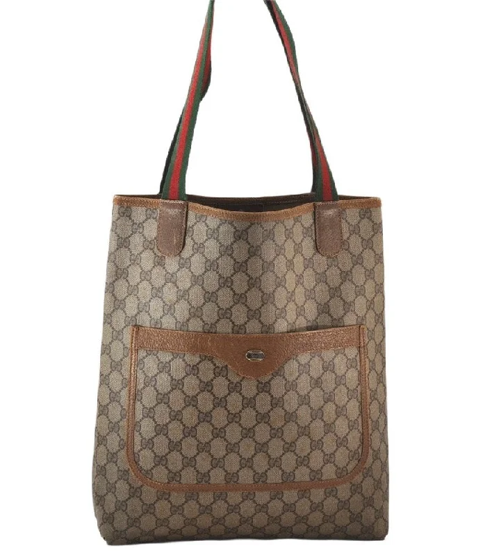 Authentic GUCCI Web Sherry Line Shoulder Tote Bag GG PVC Leather Brown 5780K