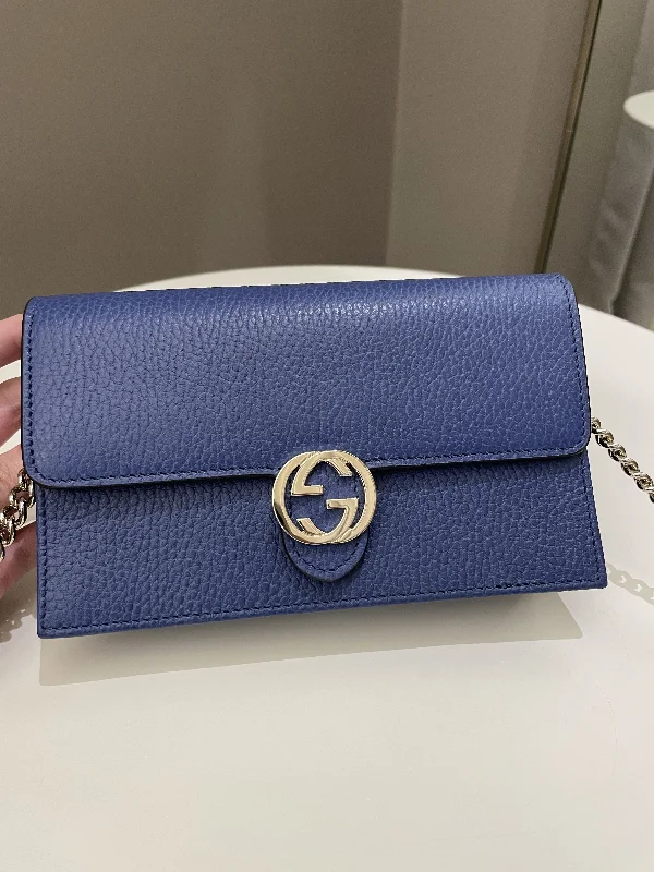 Gucci GG Crossbody Clutch on Chain Blue Grained Leather