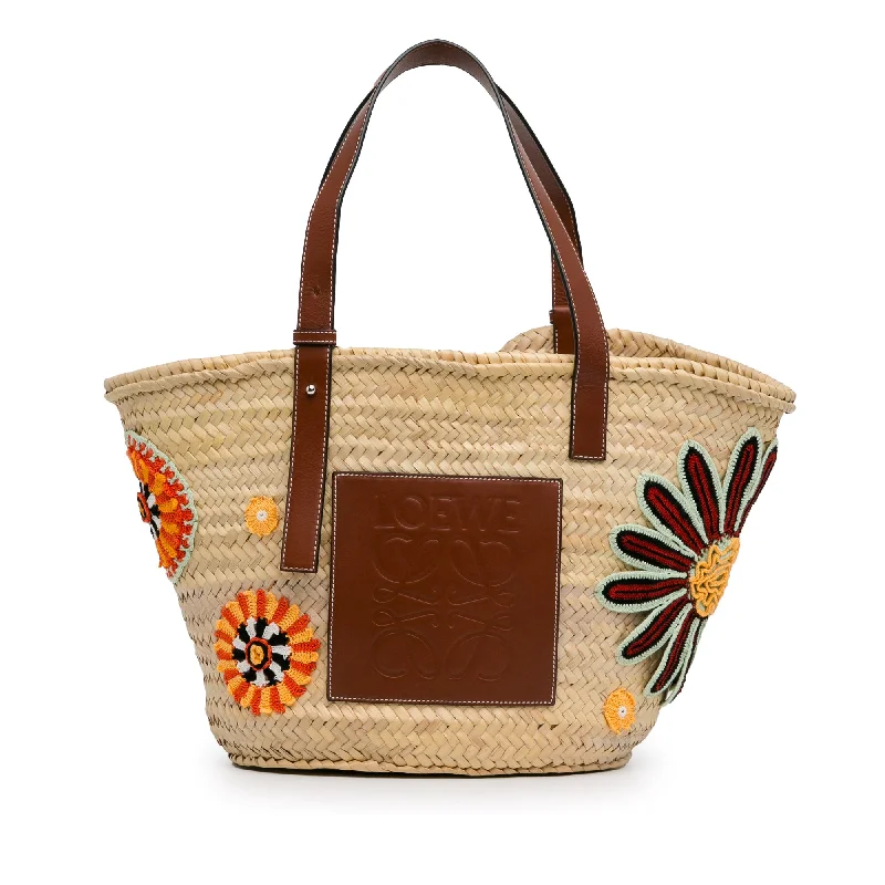 Beige LOEWE Large Floral Embroidered Raffia Basket Tote