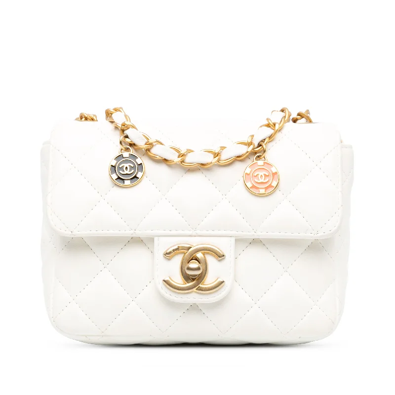 White Chanel Mini Square Classic Lambskin Casino Royale Charms Single Flap Crossbody Bag