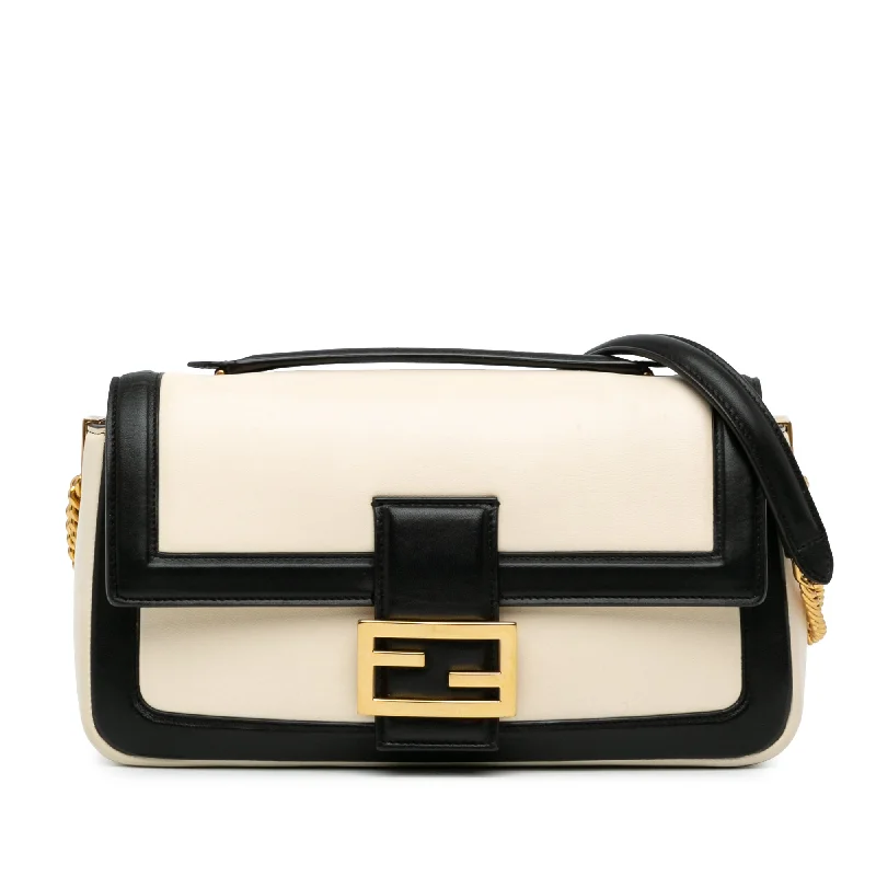 White Fendi Bicolor Leather Chain Midi Baguette Shoulder Bag