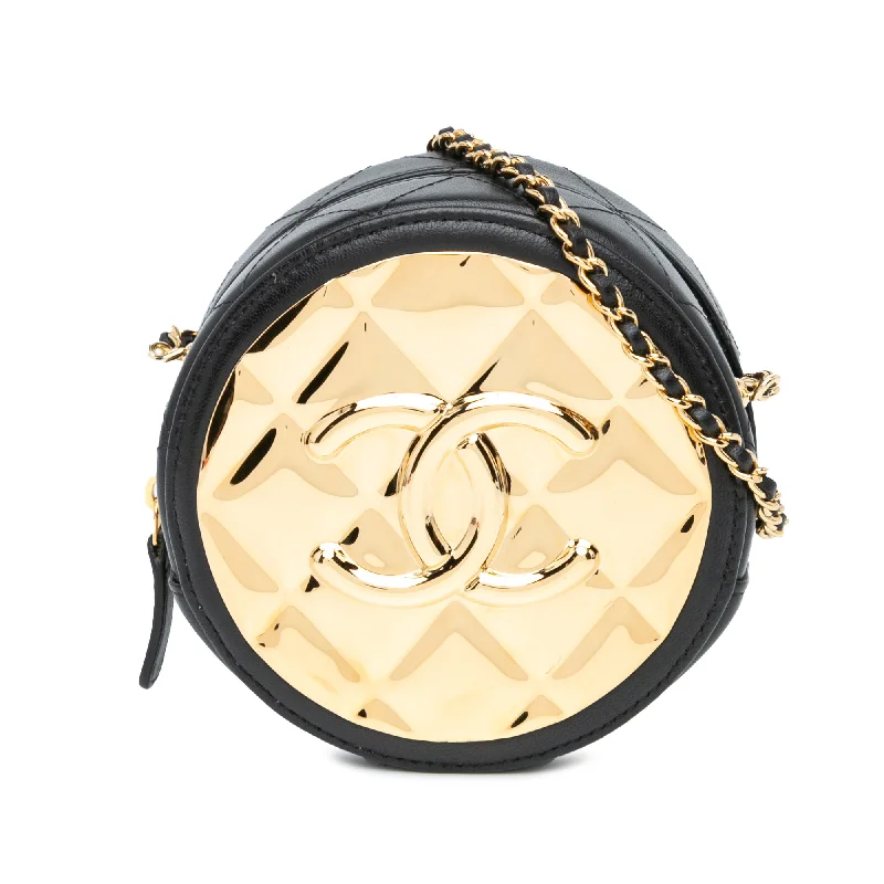 Black Chanel Mini Lambskin Golden Plate Round Clutch with Chain Crossbody Bag