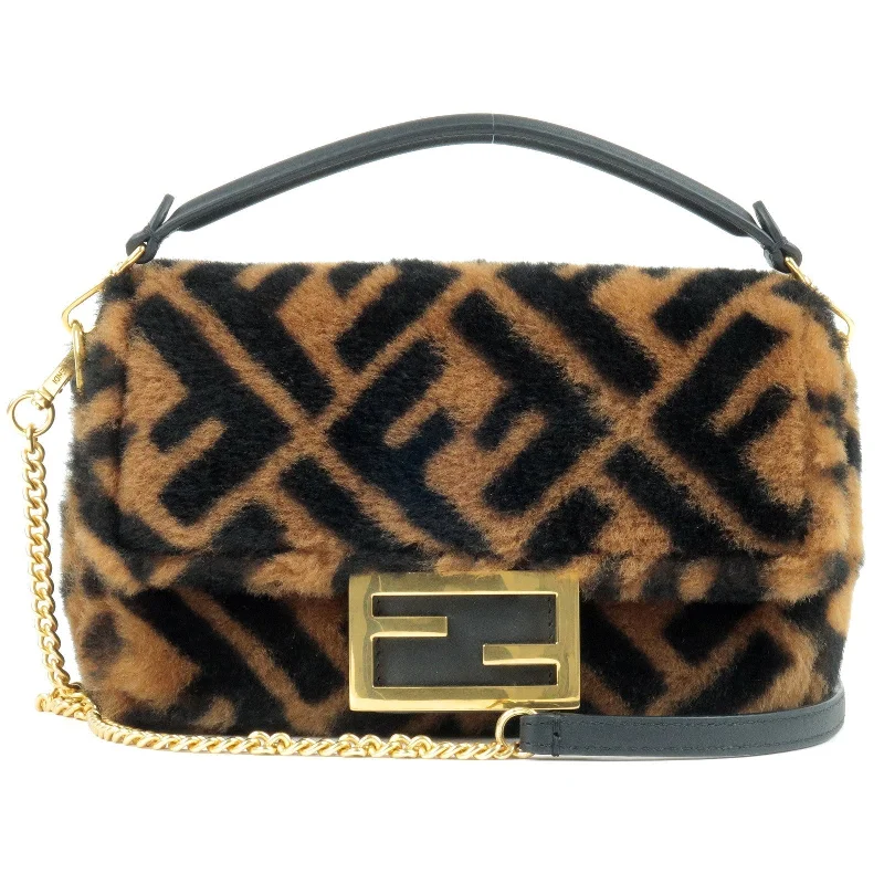 FENDI Wool Leather Baguette Mini 2Way Chain Shoulder Bag 8BS017