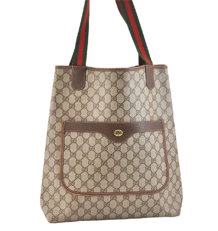 Authentic GUCCI Web Sherry Line Shoulder Tote Bag GG PVC Leather Brown 5414K