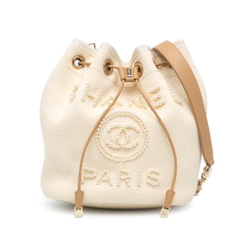 Beige Chanel Canvas Deauville Pearl Drawstring Bucket Bag