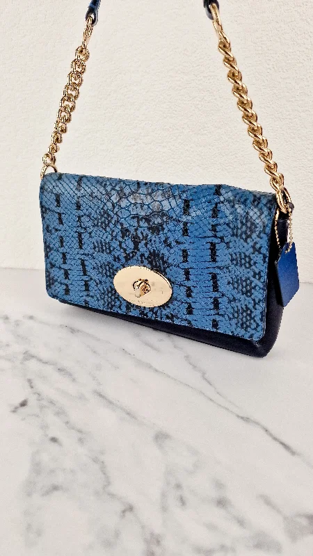 Coach Crosstown Crossbody Bag in Blue Snake Embossed Leather With Chain Detail & Turnlock