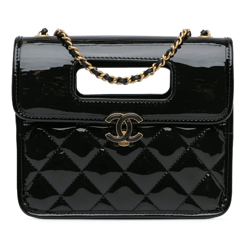 Black Chanel Mini Quilted Patent Graphic Catch Flap Satchel