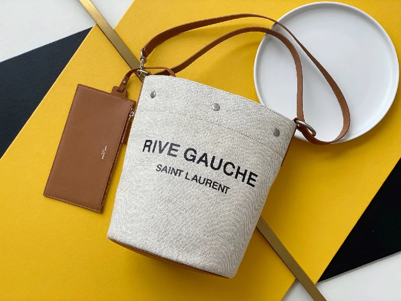 Yves Saint Laurent Rive Gauche Bucket Bag In Linen With Brown Strap