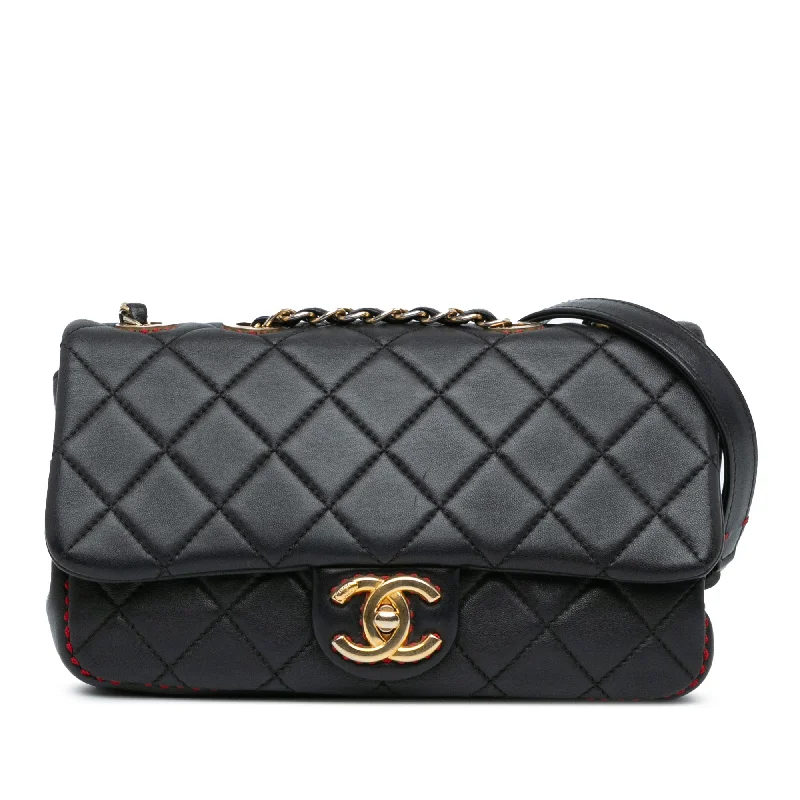 Black Chanel CC Quilted Lambskin Stitched Single Flap Crossbody Bag