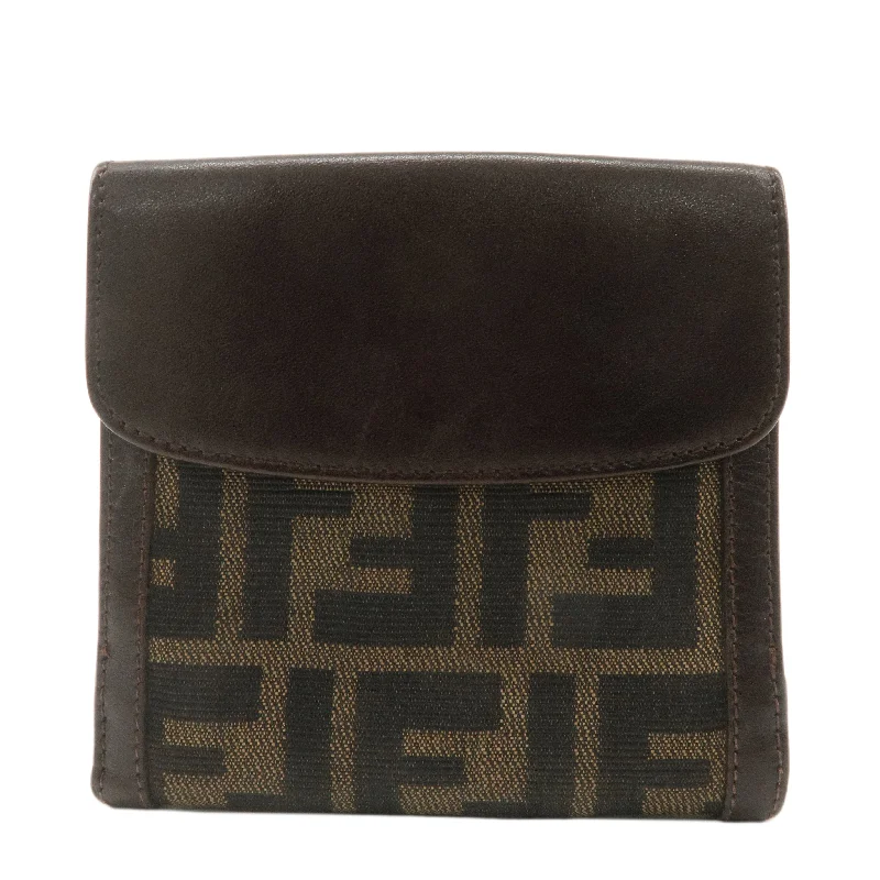 FENDI Zucca Canvas Leather W Hook Bi-fold Wallet Brown Black 1695