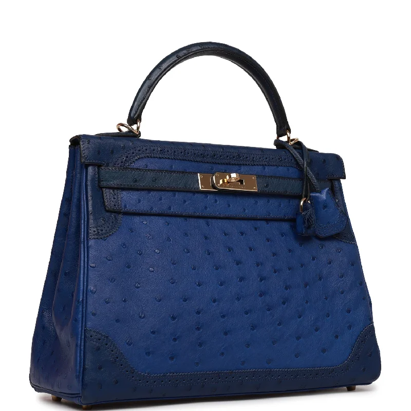 Hermes Ghillies Kelly Retourne 32 Bleu Saphir, Bleu Iris and Bleu de Malte Ostrich Permabrass Hardware