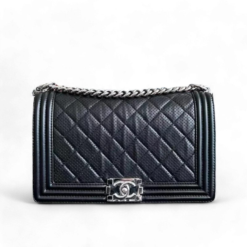 Chanel Boy Medium - 28CM Quilted Lambskin Perforated Black Silver Hardware Series 19