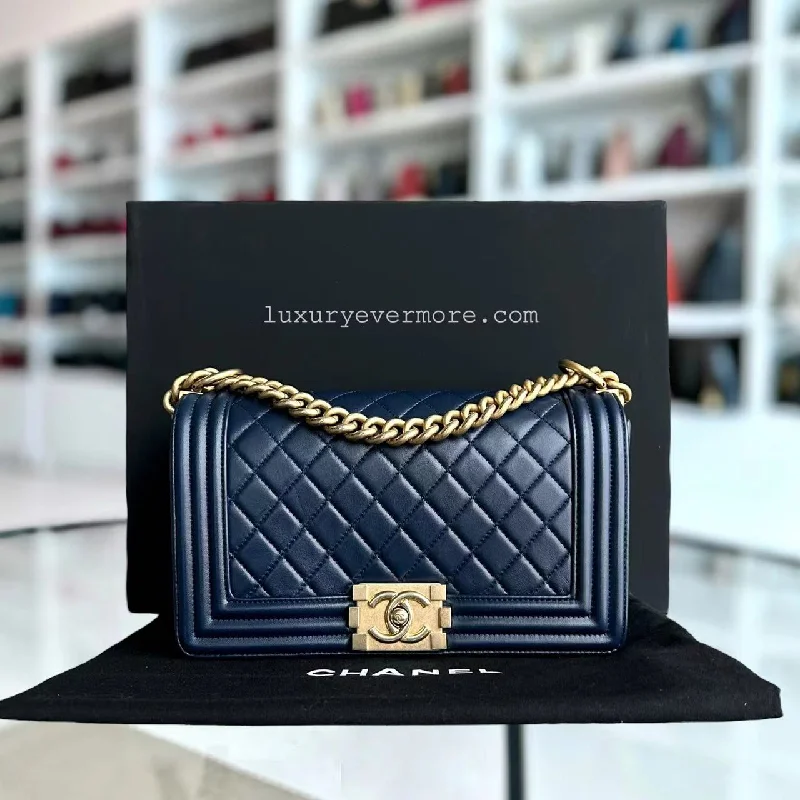 Chanel Boy Medium - 25CM Quilted Lambskin Dark Blue Golden Hardware Series 21