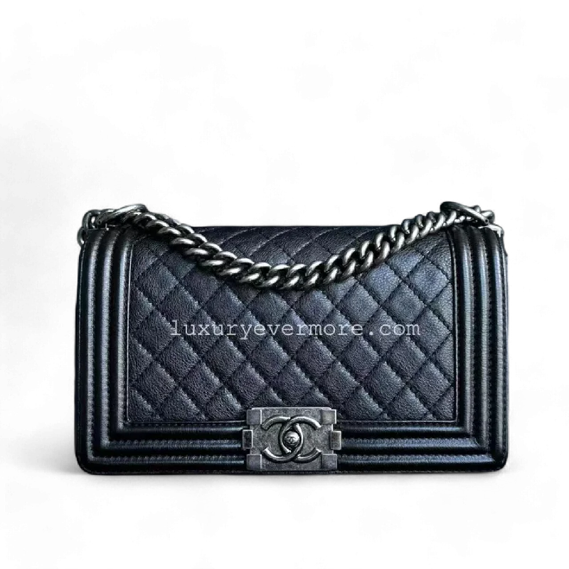 Calfskin Boy Old Medium 25CM Medium Quilted Black Ruthenium Silver Hardware Series 18