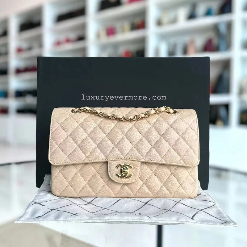 Caviar Double Flap Quilted Grained Calfskin Beige Golden Hardware Series 15