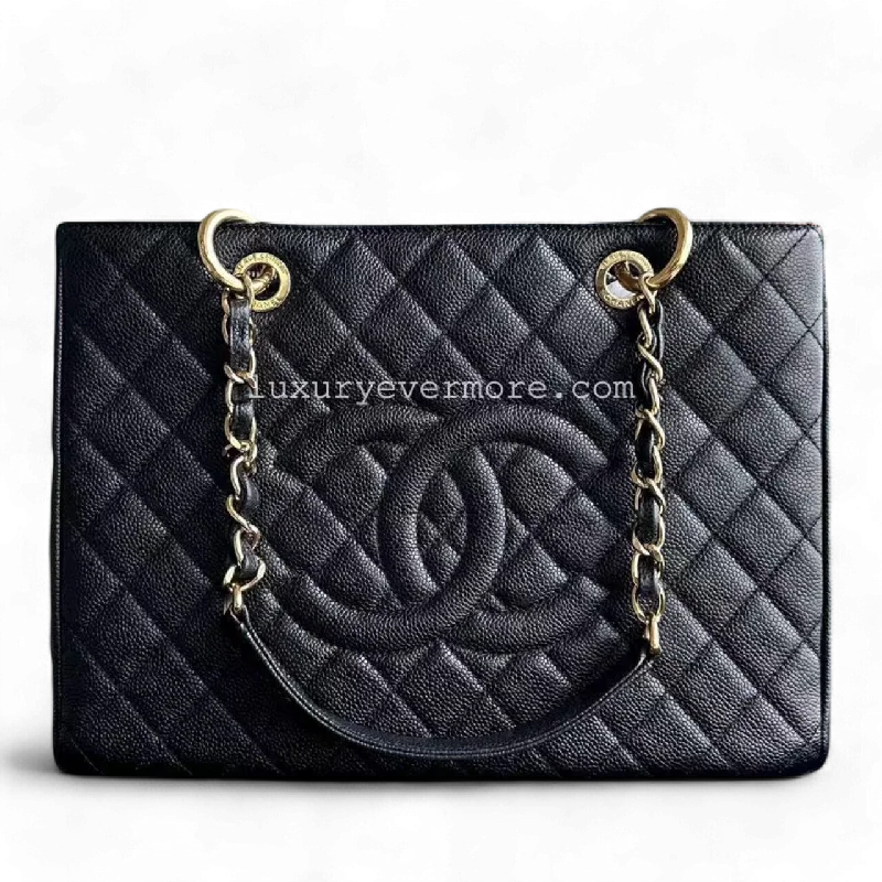 GST Grand Shopping Tote Caviar Quilted Grained Calfskin Black Golden Hardware Series 19