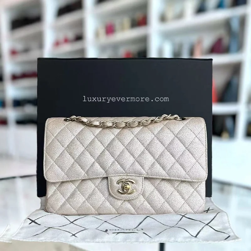 Caviar Classic Flap Quilted Grained Calfskin Iridescent Beige Gold Golden Hardware Series 16