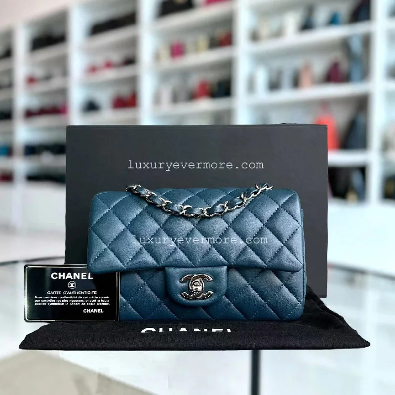 Mini Rectangle Classic Flap 20CM Quilted Lambskin Dark Blue Silver Hardware Series 28