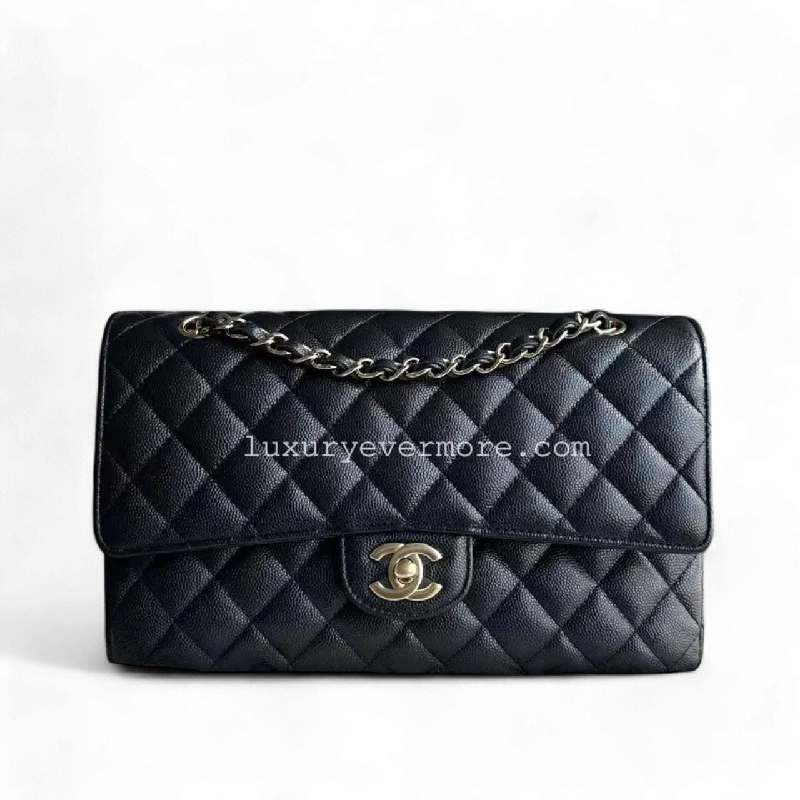 *Unused, Full Set Receipt* Caviar Double Flap Quilted Grained Calfskin Dark Blue Golden Hardware Series 28