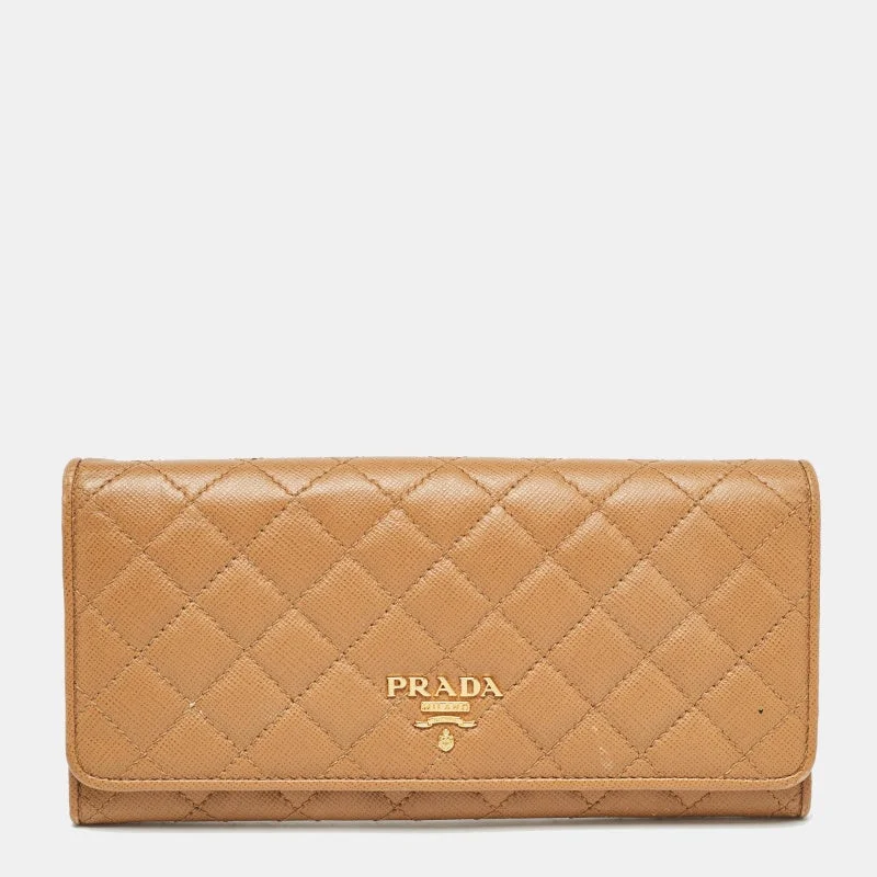 PRADA Brown Quilted Saffiano Metal Leather Logo Flap Wallet