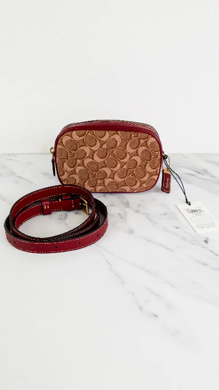 Coach 1941 Belt Bag Camera Bag in Tan Signature & Scarlett Burgundy Smooth Leather - Coach 50728